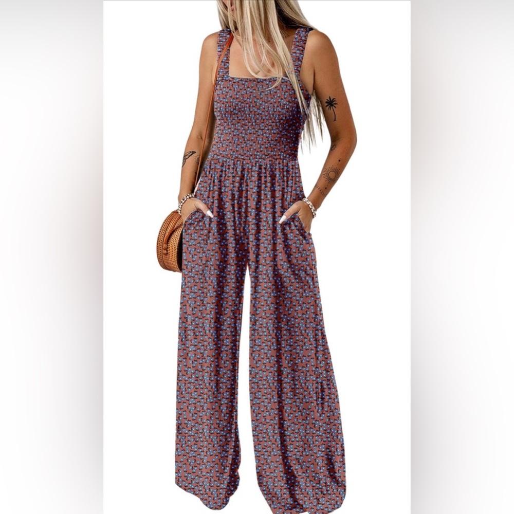 🆕Overalls One Piece Sleeveless Printed Wide Leg Rompers With Pockets